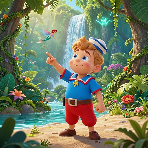 Cartoon boy in blue sailor outfit and red pants points at colorful hummingbird by lush waterfall in vibrant jungle.