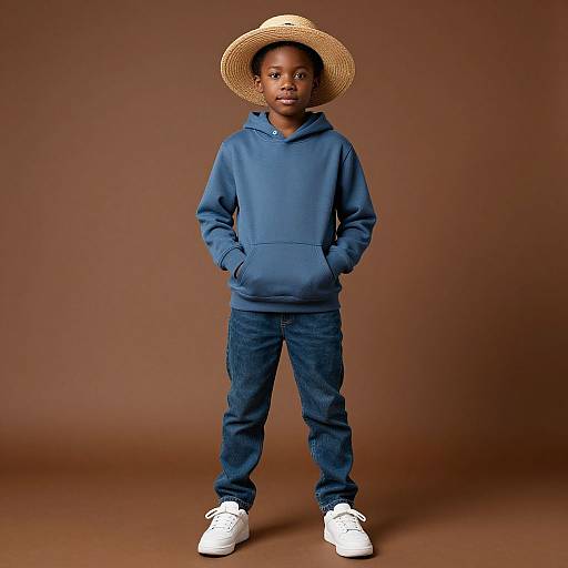 Photograph of a young Black boy with dark skin, wearing a blue hoodie, jeans, white sneakers, and a wide-brimmed straw hat,