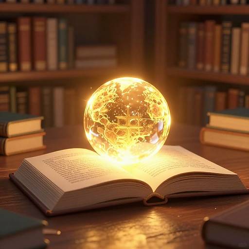Photograph of a glowing, transparent globe resting on an open book on a wooden table, surrounded by stacked books in a library.