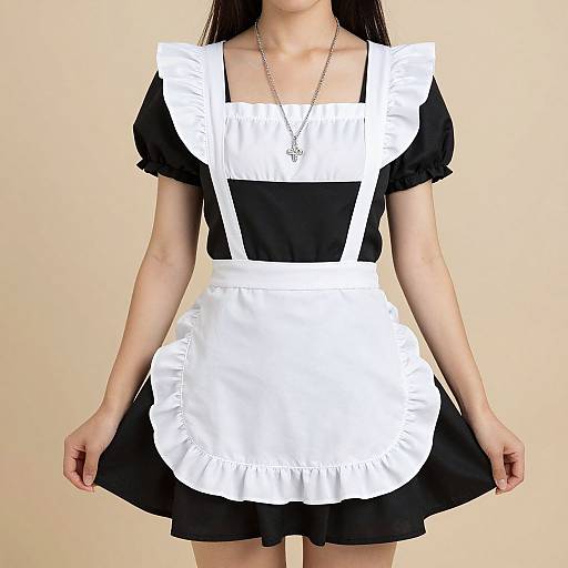 Photograph of an Asian woman wearing a black and white maid outfit with puffed sleeves, white apron, and necklace, standing against a plain beige