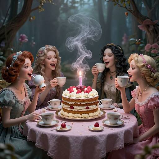 Photorealistic digital art: Four fairytale-style women with curly hair and floral dresses celebrate around a lit birthday cake, sipping tea in a