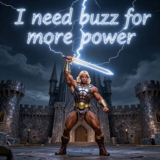 Muscular blonde warrior with glowing sword, medieval castle background, lightning text 
