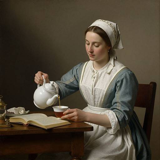 Photograph of a 17th-century woman in blue dress and white headscarf pouring tea from a white teapot into a cup, reading an