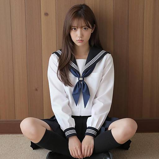 Asian Woman in Japanese Schoolgirl Outfit Sitting Cross-Legged