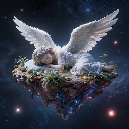 Digital artwork of a white-winged angel with glowing skin, lying on a floating island, surrounded by flowers and stars in a cosmic background.