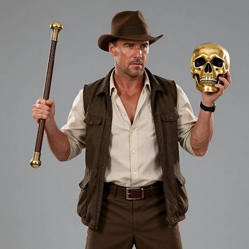 Photograph of a muscular man in a brown vest, white shirt, and hat, holding a skull and staff against a gray background.