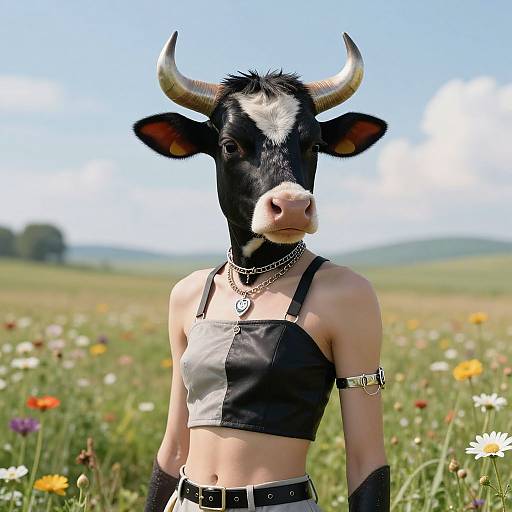 Photograph of a black and white cow with horns wearing a black leather crop top, silver necklace, and arm cuff, standing in a sunny meadow