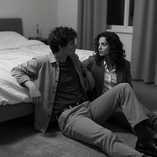 Black and White Intimate Moment in Bedroom