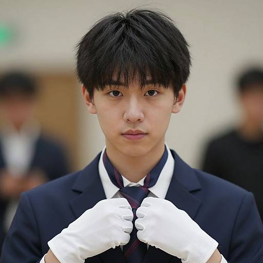 Photograph of an Asian teenage boy with black hair, wearing a black suit, white shirt, dark tie, and white gloves, adjusting his tie,