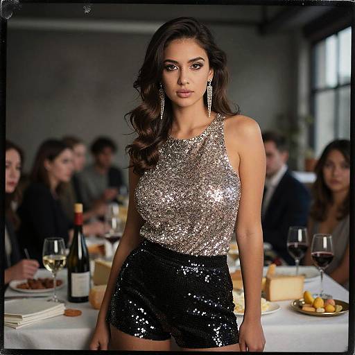 Photograph of a beautiful woman with long dark hair, wearing a sequined silver top and black sequined shorts, standing in a dimly lit restaurant