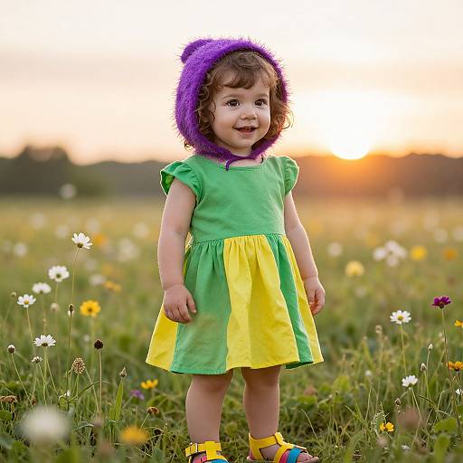 Photograph of a smiling toddler with curly brown hair, wearing a purple hood, green and yellow dress, yellow shoes, standing in a sunny meadow