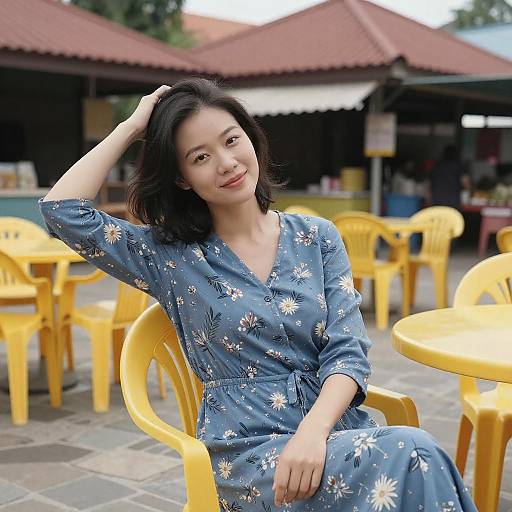 Asian Woman in Blue Floral Dress