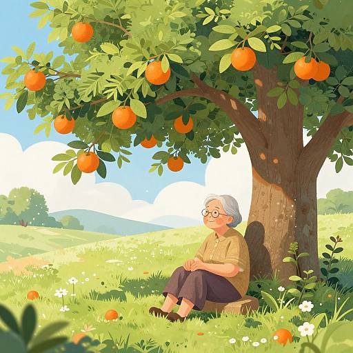 Digital illustration of an elderly woman with glasses, sitting under an orange tree in a sunny, grassy field, surrounded by ripe oranges and white flowers.