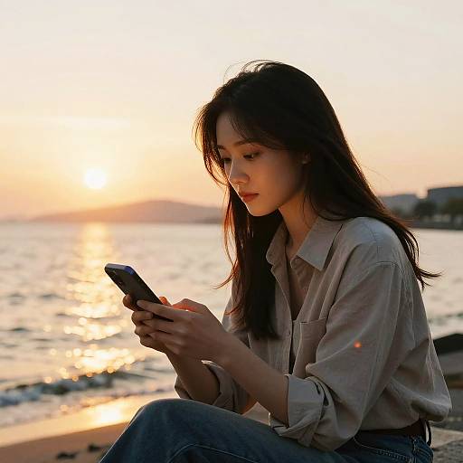 Woman Using Smartphone by Waterfront at Sunset