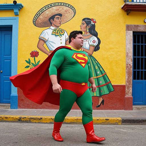 Photograph of a chubby man in a Superman costume walking past a colorful mural of a Mexican couple on a yellow building.