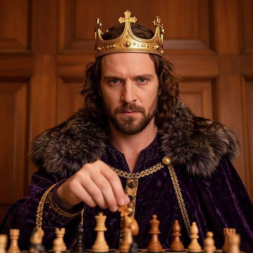 Photograph of a bearded man with long brown hair, wearing a gold crown, black fur-trimmed robe, and chain, focused on a