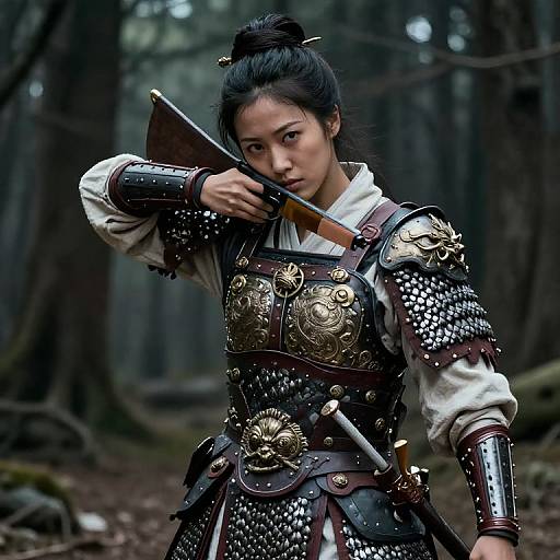 Photograph of an Asian woman in detailed, ornate samurai armor with intricate gold and black patterns, holding a sword in a dense forest. Int