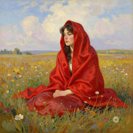 Realistic oil painting of a fair-skinned woman with dark hair, wearing a vibrant red cloak, sitting in a colorful meadow under a bright blue