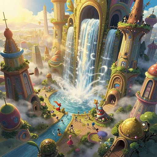 Fantastical digital painting of a whimsical city with towering arches, cascading waterfalls, vibrant buildings, and colorful, lively characters playing below