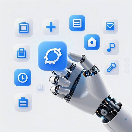 Digital illustration of a robotic hand with metallic joints, pointing at blue app icons (clock, plus, circle, gear, etc.) against a white background