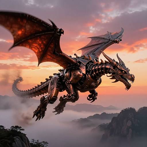Digital artwork of a black, metallic dragon with red-tinged wings soaring above a misty, mountainous landscape during a vibrant sunset.