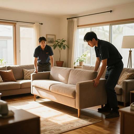 Photograph of two Asian men in black shirts cleaning a sunlit living room with beige sofas, wooden floors, and potted plants.