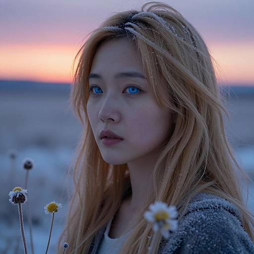 Ethereal East Asian Woman at Arctic Sunset