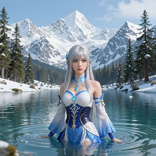 Digital art of a silver-haired anime girl in a blue and white snow-themed outfit, waist-deep in a serene mountain lake. Snow-capped peaks