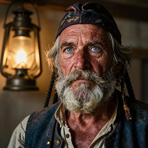 Photograph of a rugged, older man with a white beard, blue eyes, and worn hat, illuminated by a glowing lantern.