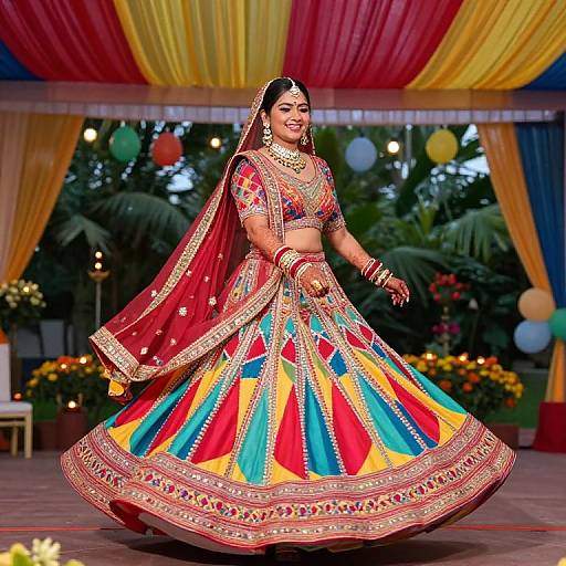 Photograph of a smiling Indian bride in a vibrant, multicolored lehenga with gold embroidery, red veil, and ornate jewelry, dancing on