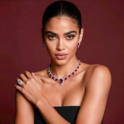 Elegant Woman Wearing Red and White Diamond Jewelry