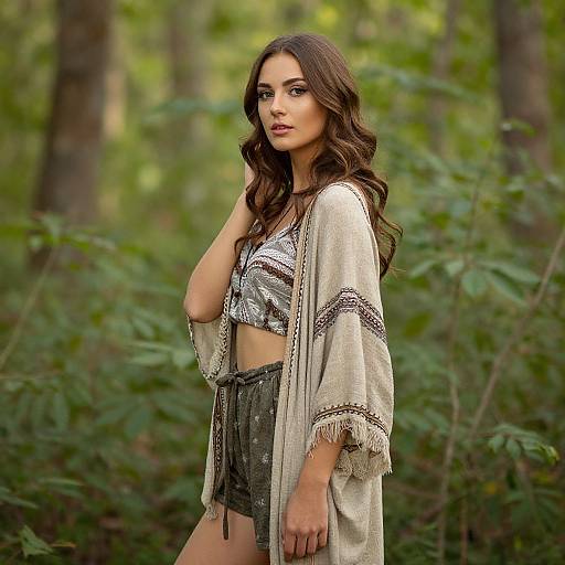 Photograph of a young woman with long brown hair, wearing a patterned crop top, sequined shorts, and a beige shawl, standing in