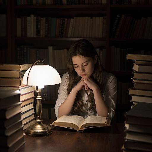 Photograph: Young woman with long brown hair, white shirt, reading under soft lamp light, surrounded by tall book stacks in dim library.
