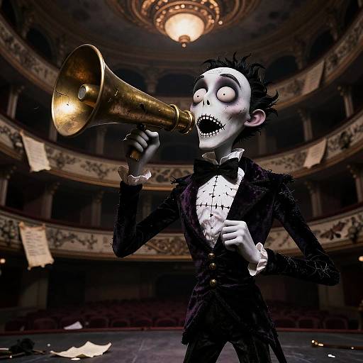 Gaunt Opera Singer with Brass Megaphone in Decaying Opera House