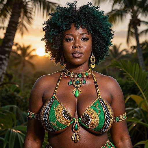 Photograph of a confident Black woman with curly hair, wearing a green and gold beaded bikini top, adorned with jewelry, standing in a tropical sunset