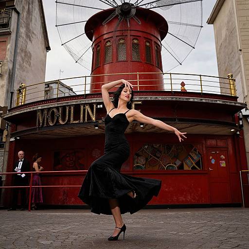 Photograph of a dancing woman in a black, strapless dress and heels, posing in front of a red Moulin Rouge-style building.