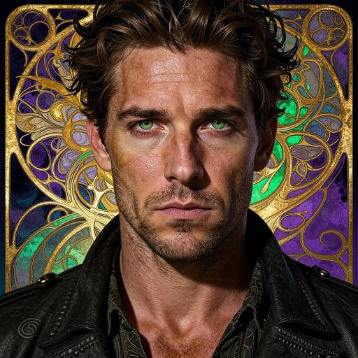 Photorealistic portrait of rugged, handsome man with green eyes, tousled brown hair, and stubble, wearing black leather jacket, against vibrant,