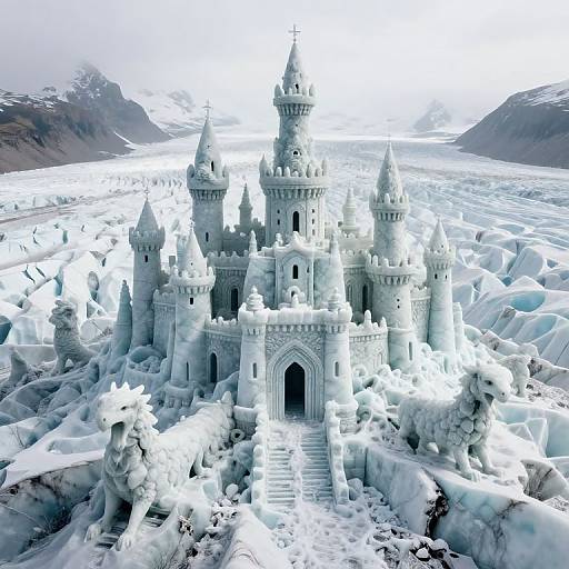 Photograph of a detailed, snow-covered castle with multiple turrets, set in a vast, icy landscape with snow-covered mountains in the background.