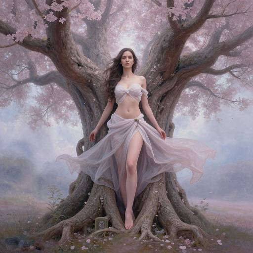 Digital artwork of a fair-skinned, dark-haired woman in a white, translucent dress, standing barefoot against a large, blooming cherry tree.