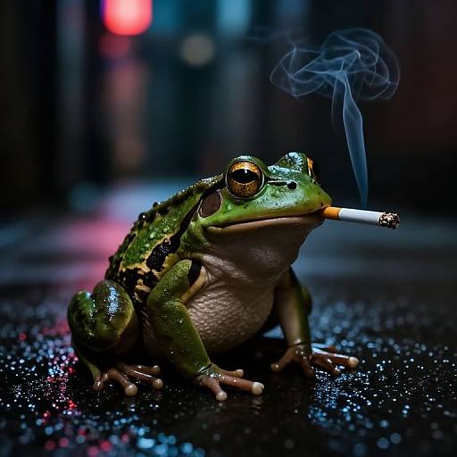 Photograph of a green frog with large yellow eyes, sitting on a wet, shiny black surface, smoking a cigarette with blue smoke curling upwards,