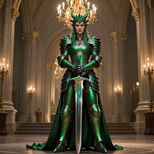 Photorealistic CGI of a green-armored female warrior with a crown, holding a large sword in a grand, ornate cathedral.