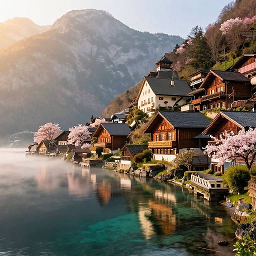 Serene Mountain Village by Lake