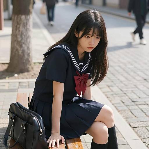 Asian Schoolgirl Sitting on Bench in Sailor Uniform