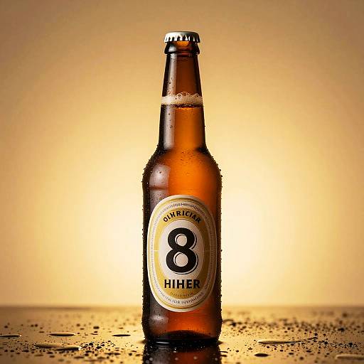 Photograph of a wet, amber beer bottle with 