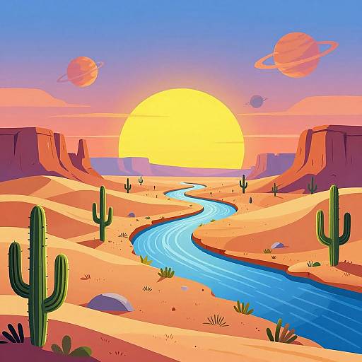 Vibrant digital illustration of a desert landscape with a winding blue river, cacti, red-orange hills, two pink planets, and a large