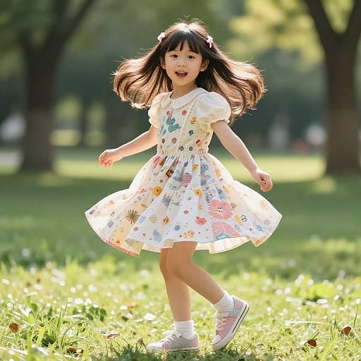 Photograph of a young Asian girl with long black hair, wearing a white, floral dress and white sneakers, joyfully running in a sunlit,
