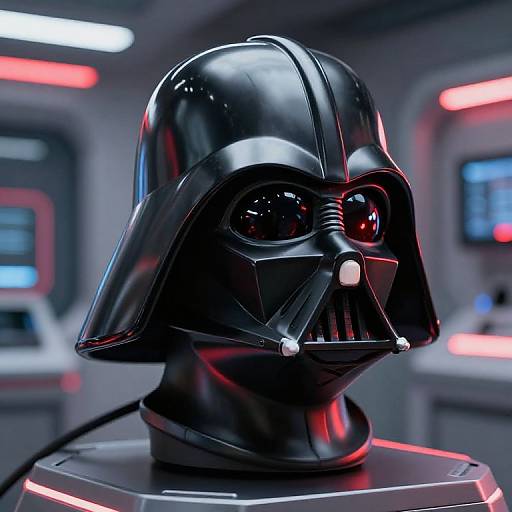 Photorealistic CGI of shiny black Darth Vader helmet with glowing red and white eyes, set against a futuristic, neon-lit sci-fi background.