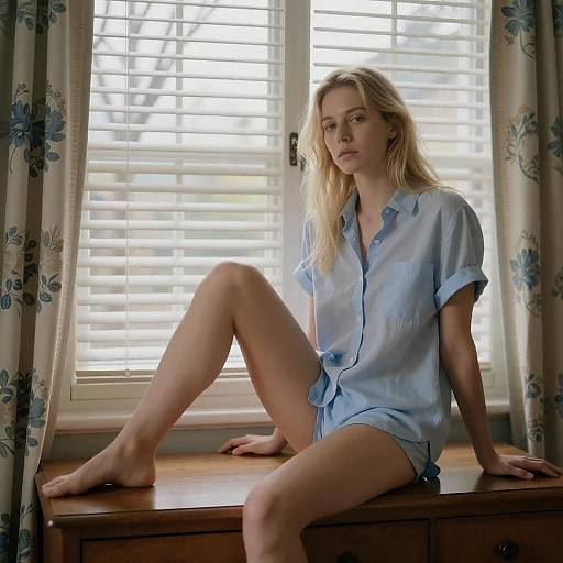 Contemplative Blonde Woman by Windows