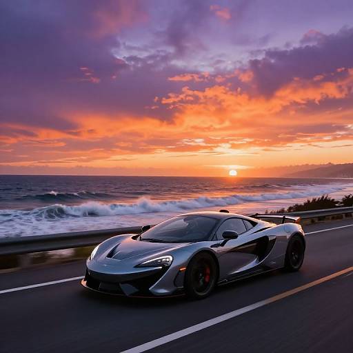 Photograph of a sleek, silver sports car driving on a coastal road at sunset, with vibrant orange and purple clouds over the ocean.