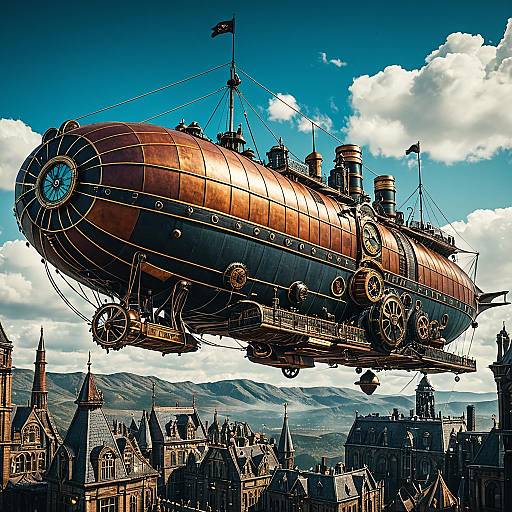 Steampunk Airship Over Vintage Cityscape